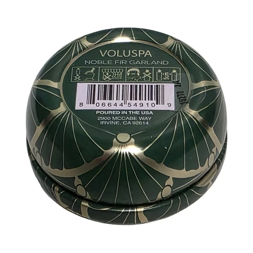 Voluspa Noble Fir‎ Garland Mini Tin Coconut Wax Candle 0.9oz Green Gold Art Deco